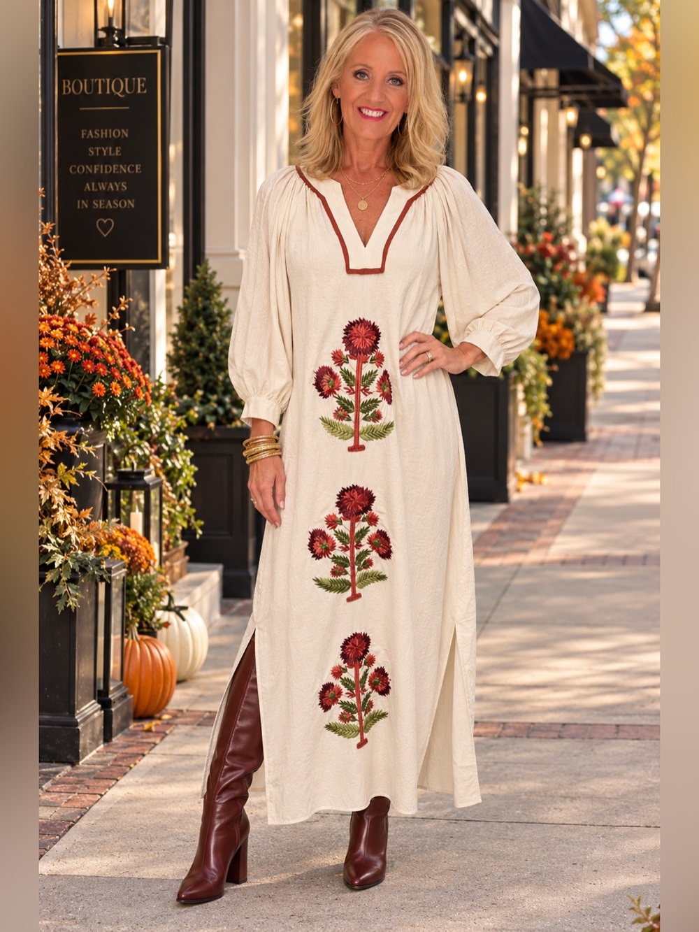 entro Cream Maxi Dress with Red Floral Embroidery Medium NWT
